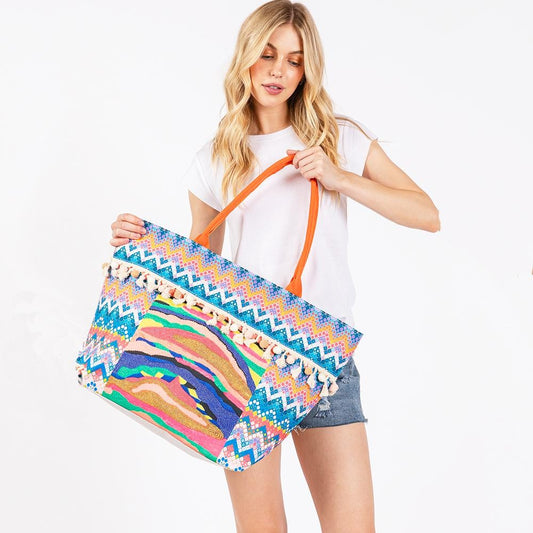 Abstract Chevron Printed Canvas Tote Bag With Fringe Pom Detail