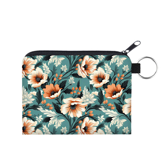 Orange Cream Floral On Teal Coin Pouch