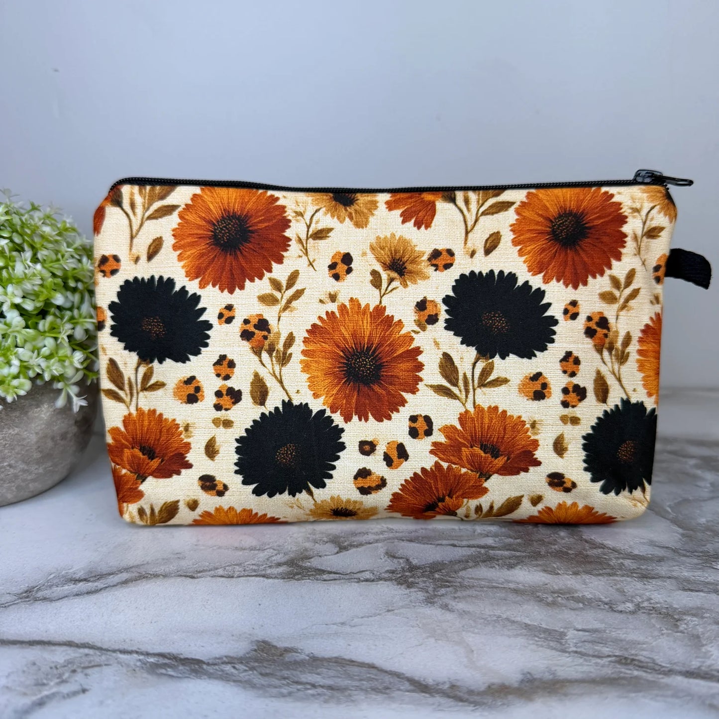 Floral Animal Print Orange Black Daisy Pouch