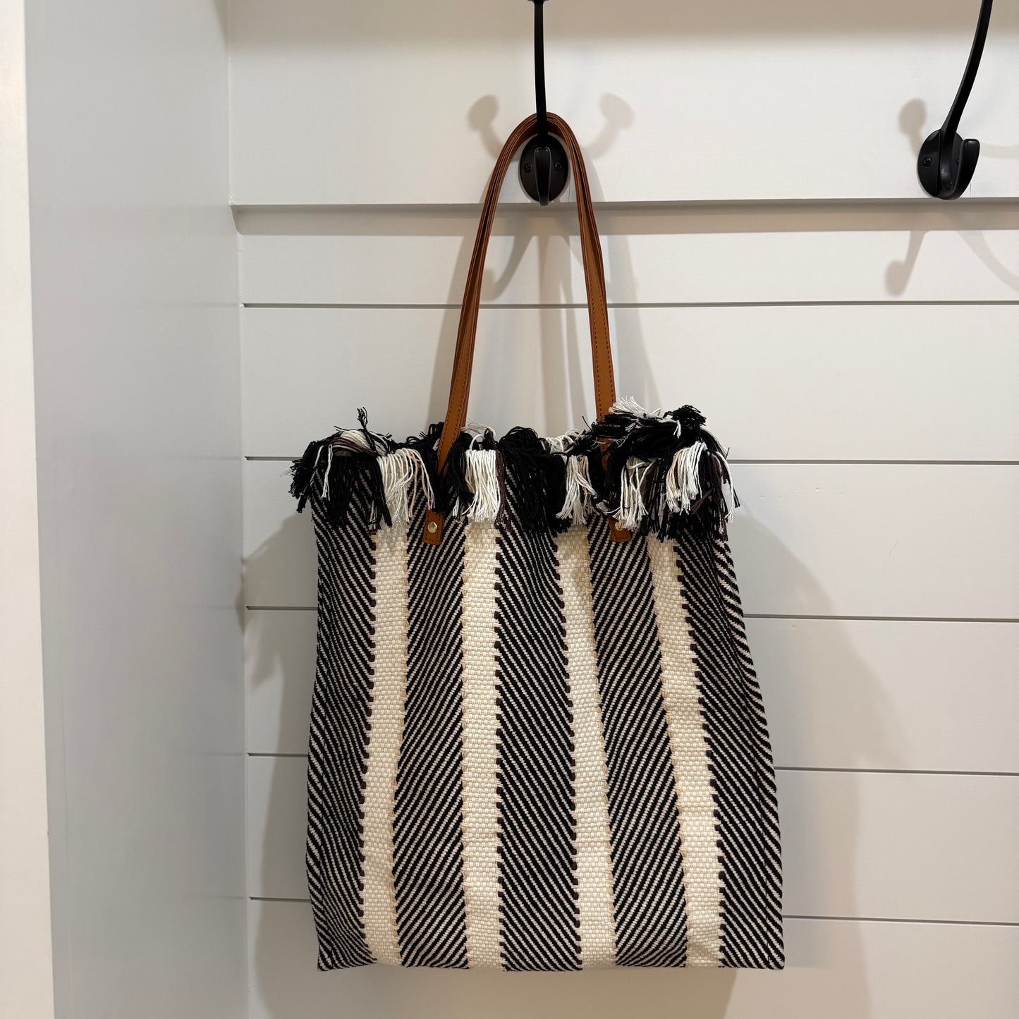Madison Woven Striped Tote - Black & White