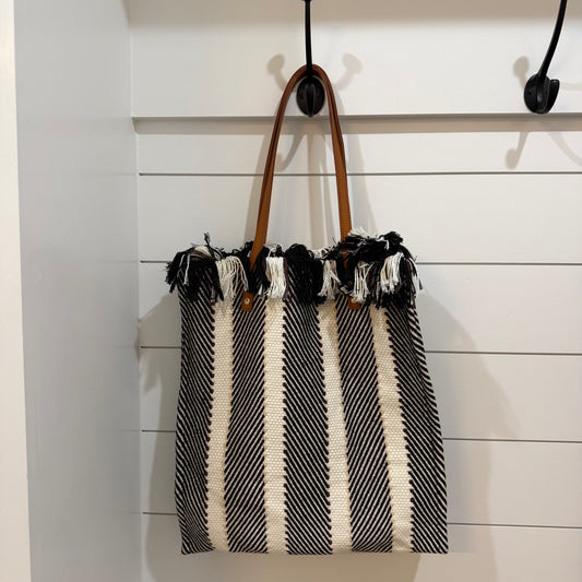 Madison Woven Striped Tote - Black & White