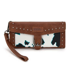 Wrangler Western Cow-Print Tri-fold RFID Wallet/Wristlet With Detachable Credit Card Holder -Turquoise