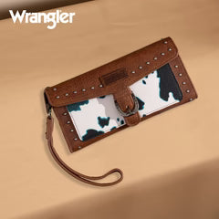 Wrangler Western Cow-Print Tri-fold RFID Wallet/Wristlet With Detachable Credit Card Holder -Turquoise