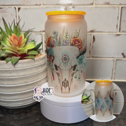 Skull Boho Aztec 16oz Glass Can Tumbler