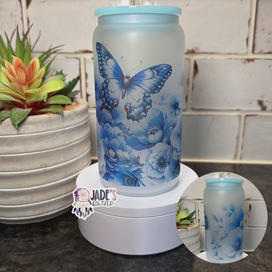 Blue Butterfly 16oz Glass Can Tumbler