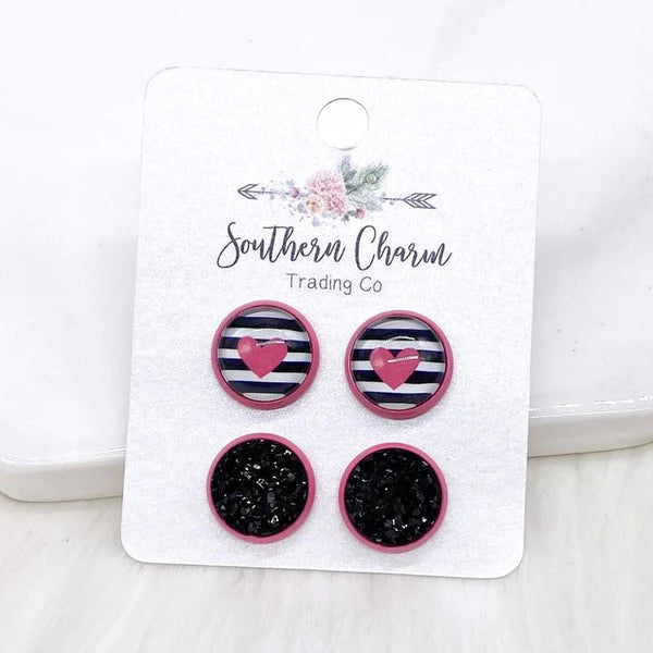 12mm - Pink Hearts on Stripes & Black Earrings in Pink Settings