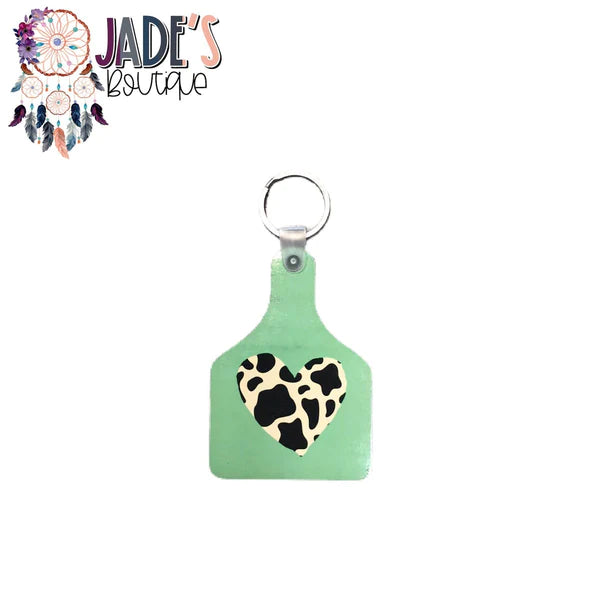 Cow Tag Keychain - Cow Print Heart