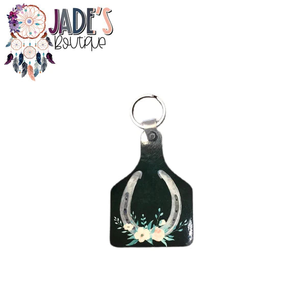 Cow Tag Keychain - Floral Horseshoe