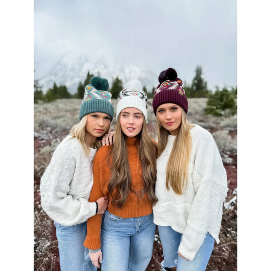C.C Aztec Patterned Faux Fur Pom Beanie HAT3001