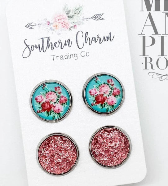 12mm - Mint & Pink Roses/Flamingo Sparkles Earrings in Stainless Steel Settings