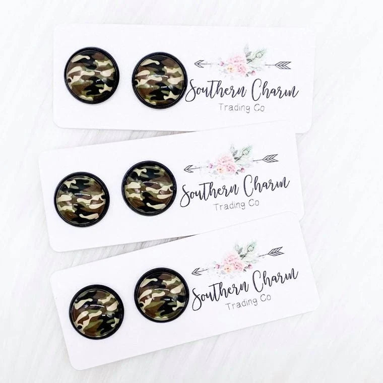12mm - Camo Earrings in Black Settings