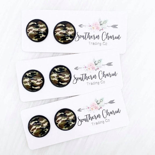 12mm - Camo Earrings in Black Settings