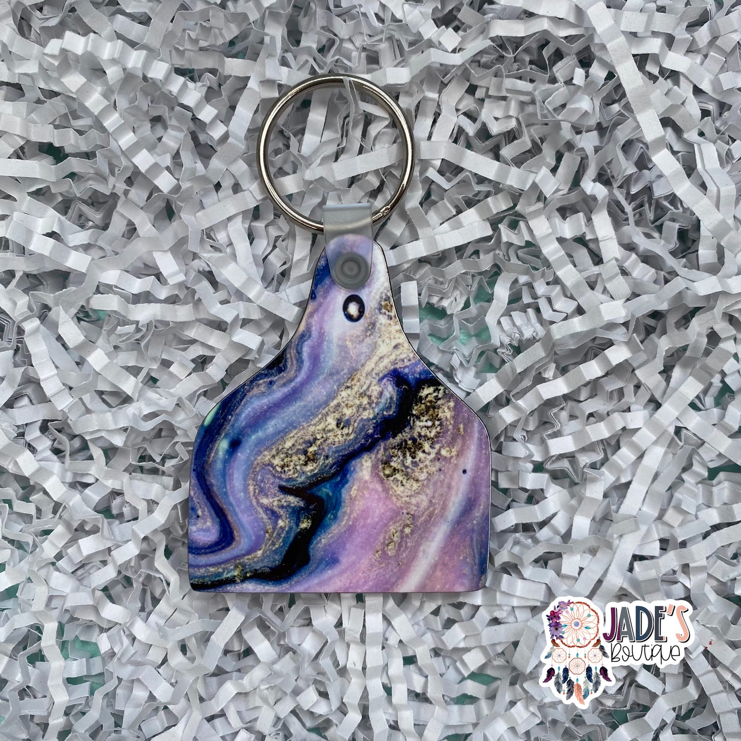Cow Tag Keychain - Purple Gold Agate/Geode