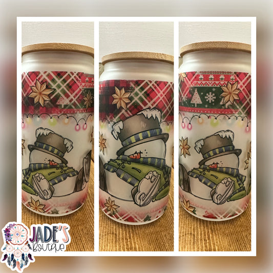 Snowman 16oz Glass Can Tumbler