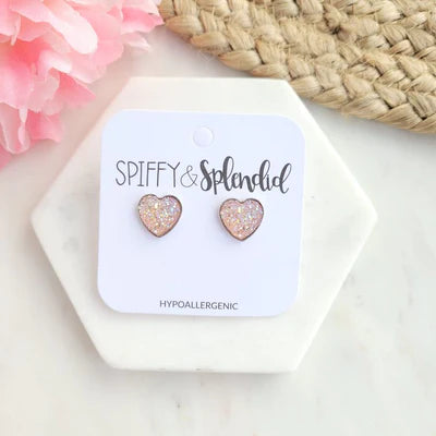 Druzy Heart Stud Earrings - Light Pink