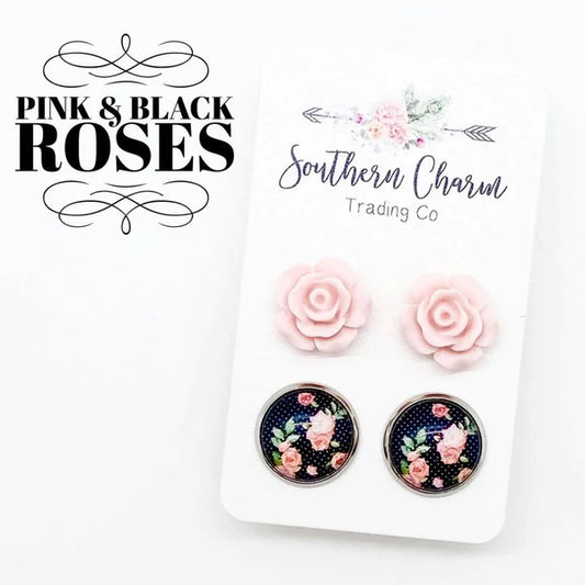 12mm - Light Pink Roses & Black/Pink Roses Earrings in Stainless Steel Settings