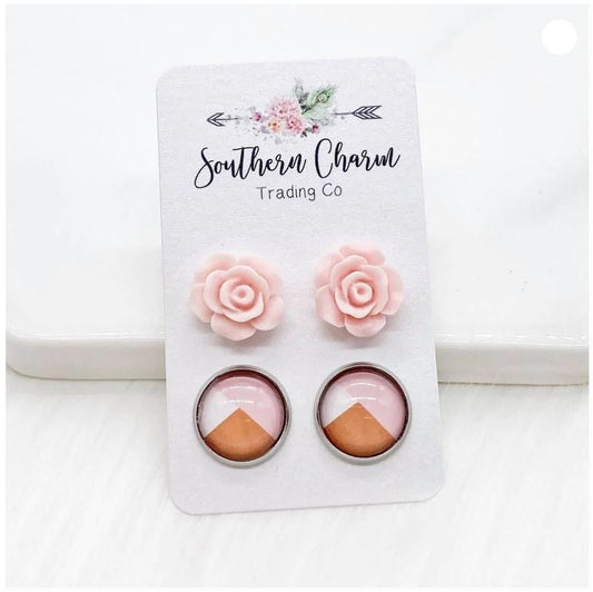 12mm - Light Pink Roses & Pink/Tan/White Color Block Earrings in Stainless Steel Settings