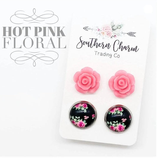 12mm - Hot Pink Roses/Hot Pink Roses Earrings in Stainless Steel Settings