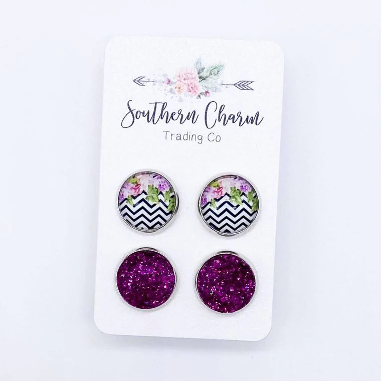 12mm - Fuchsia Floral Zig Zag & Fuchsia Sparkles Earrings in Stainless Steel Settings