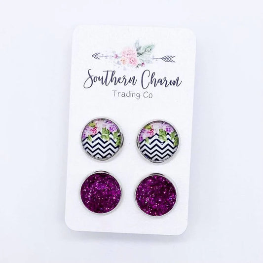 12mm - Fuchsia Floral Zig Zag & Fuchsia Sparkles Earrings in Stainless Steel Settings