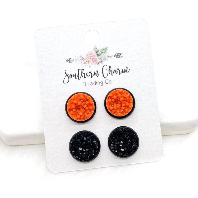 12mm - Orange & Black Ice Earrings in Black Settings