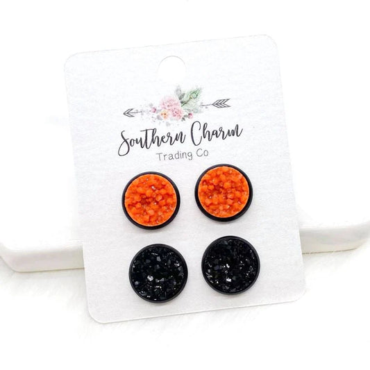 12mm - Orange & Black Ice Earrings in Black Settings